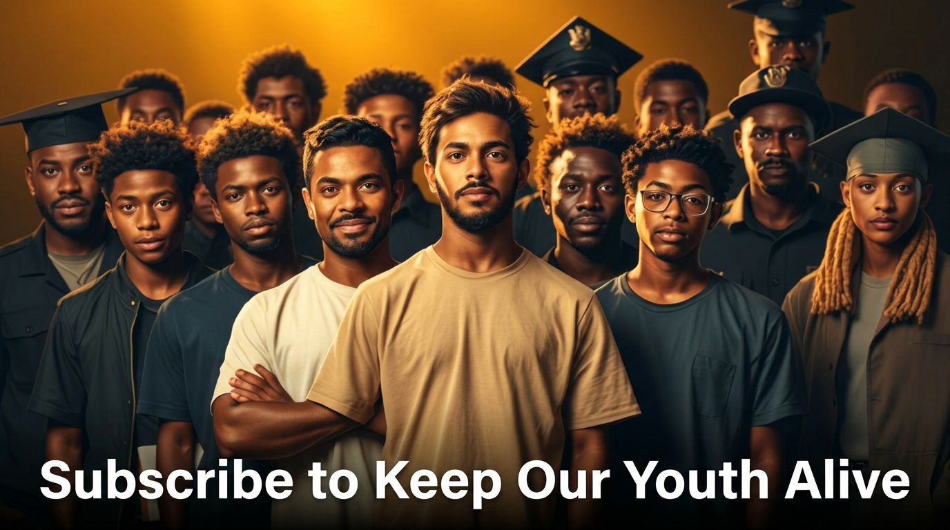 A united group of young men standing together, backed by mentors and graduates